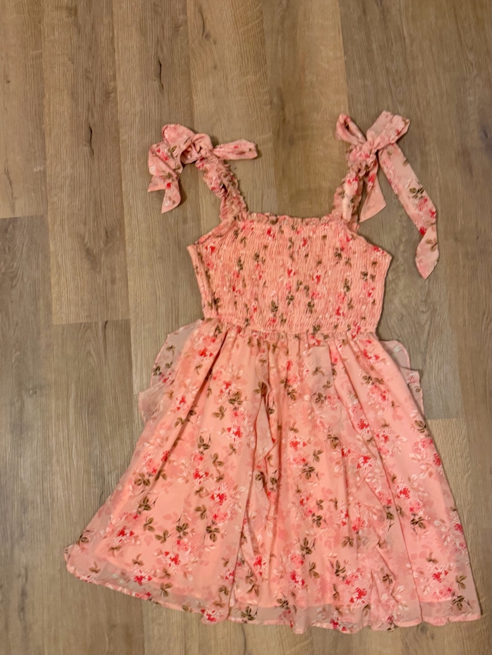 Fabrik Pink Floral Smocked Tie Strap Mini Dress Medium Cottagecore